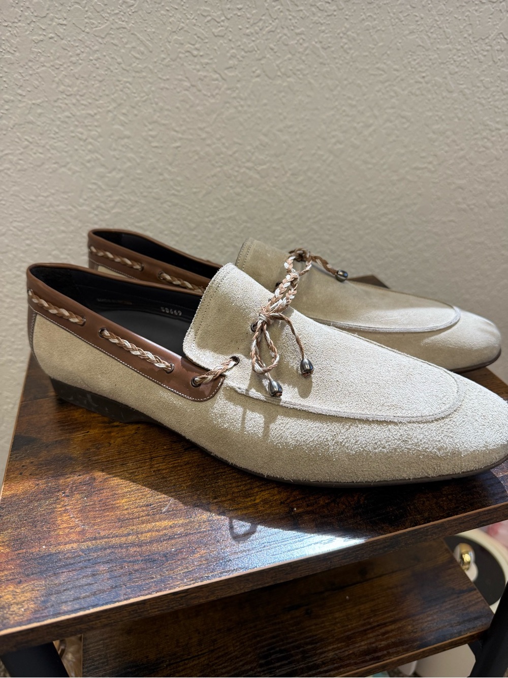 Mezlan 1968 Men's Suede Loafers in Beige with Brown Trim 13